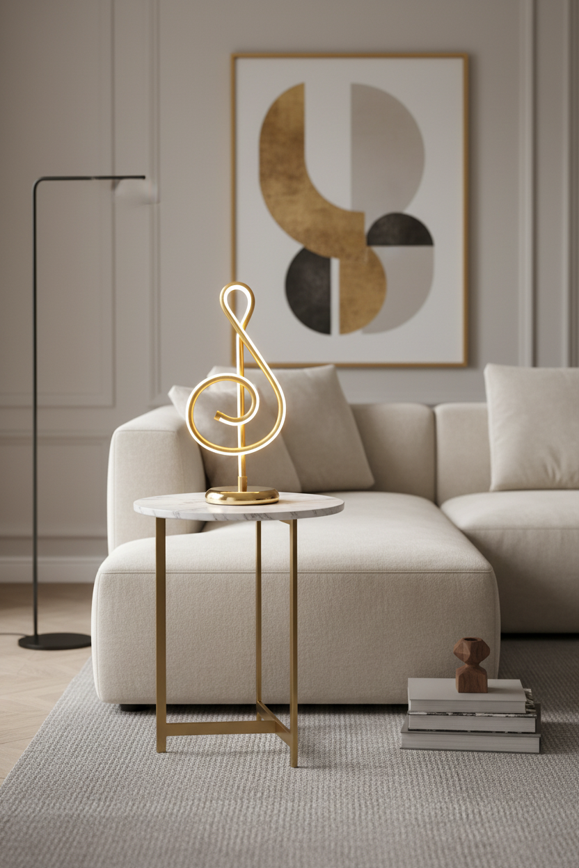 Lampe de chevet originale design musical doré utilisée comme objet déco dans un intérieur moderne épuré avec éclairage d’ambiance chaleureux et esthétique premium