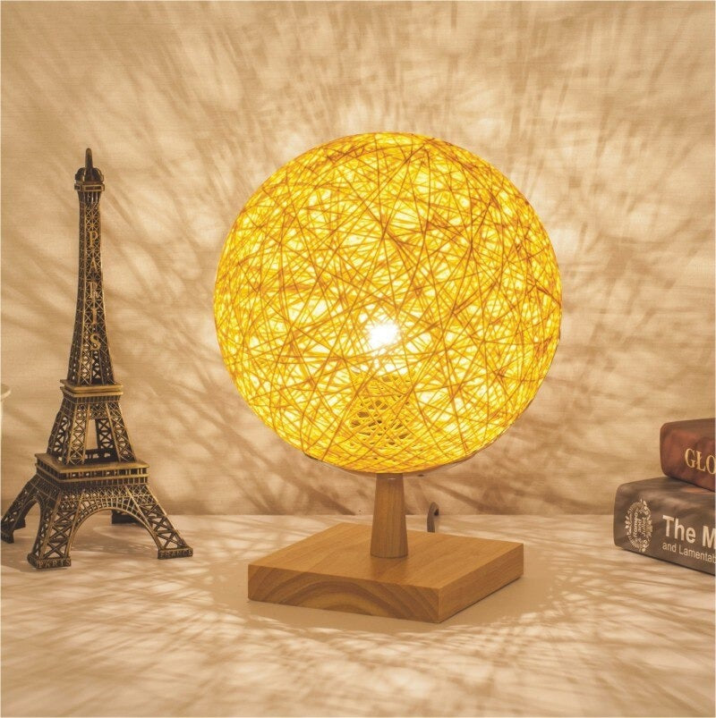 Lampe de chevet Rotin Pied en Bois LampesDeChevet Carré Jaune