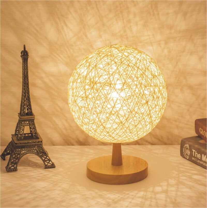 Lampe de chevet Rotin Pied en Bois LampesDeChevet Rond Beige
