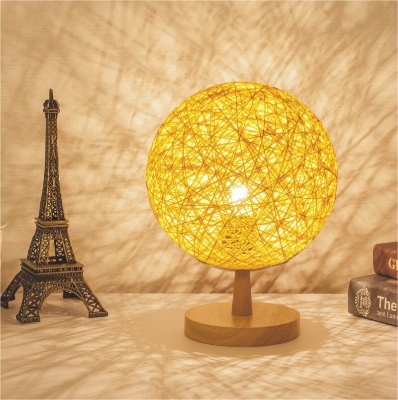 Lampe de chevet Rotin Pied en Bois LampesDeChevet Rond Jaune