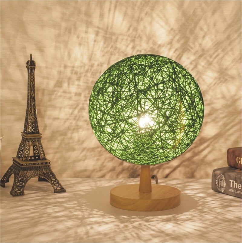 Lampe de chevet Rotin Pied en Bois LampesDeChevet Rond Vert