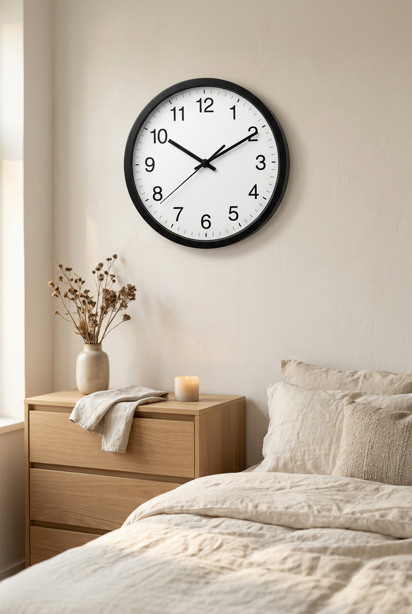 Horloge murale noire à chiffres arabes dans une chambre aux tons naturels, au-dessus d’une commode en bois avec un vase et une bougie.