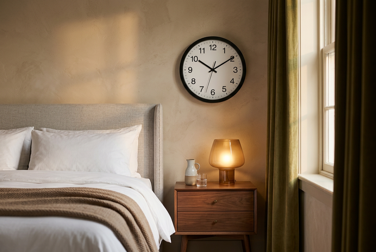 Horloge murale ronde noire à cadran blanc au-dessus d’une table de chevet en bois avec une lampe allumée.