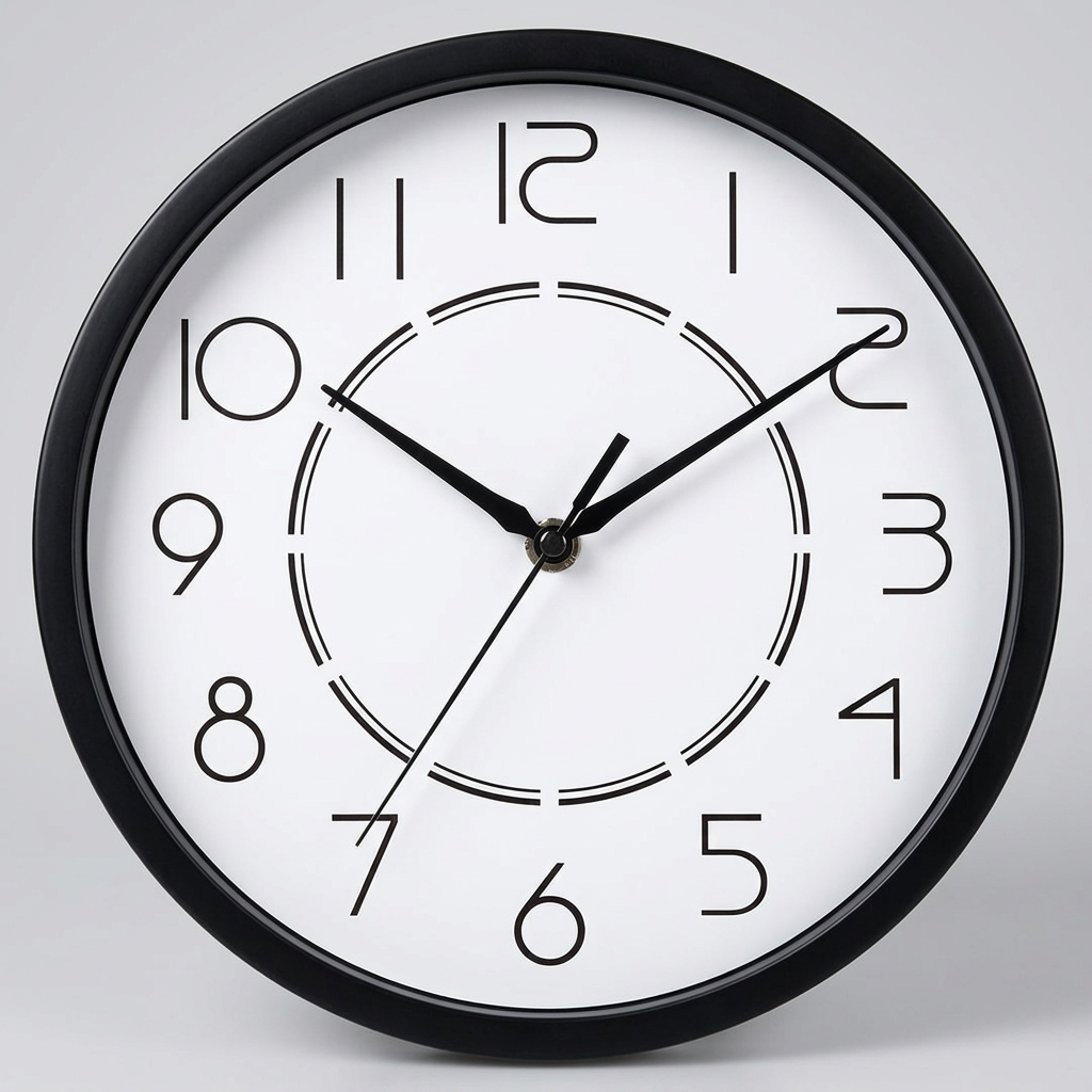 Horloge murale noire à cadran blanc, chiffres fins stylisés et double cercle décoratif au centre.