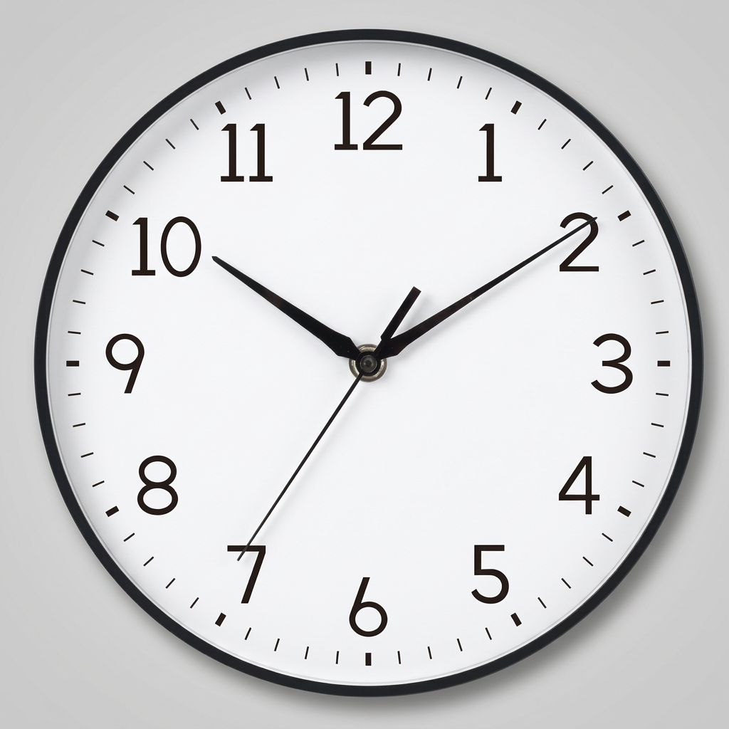 Horloge murale ronde à cadre noir fin, cadran blanc et chiffres arabes élancés.