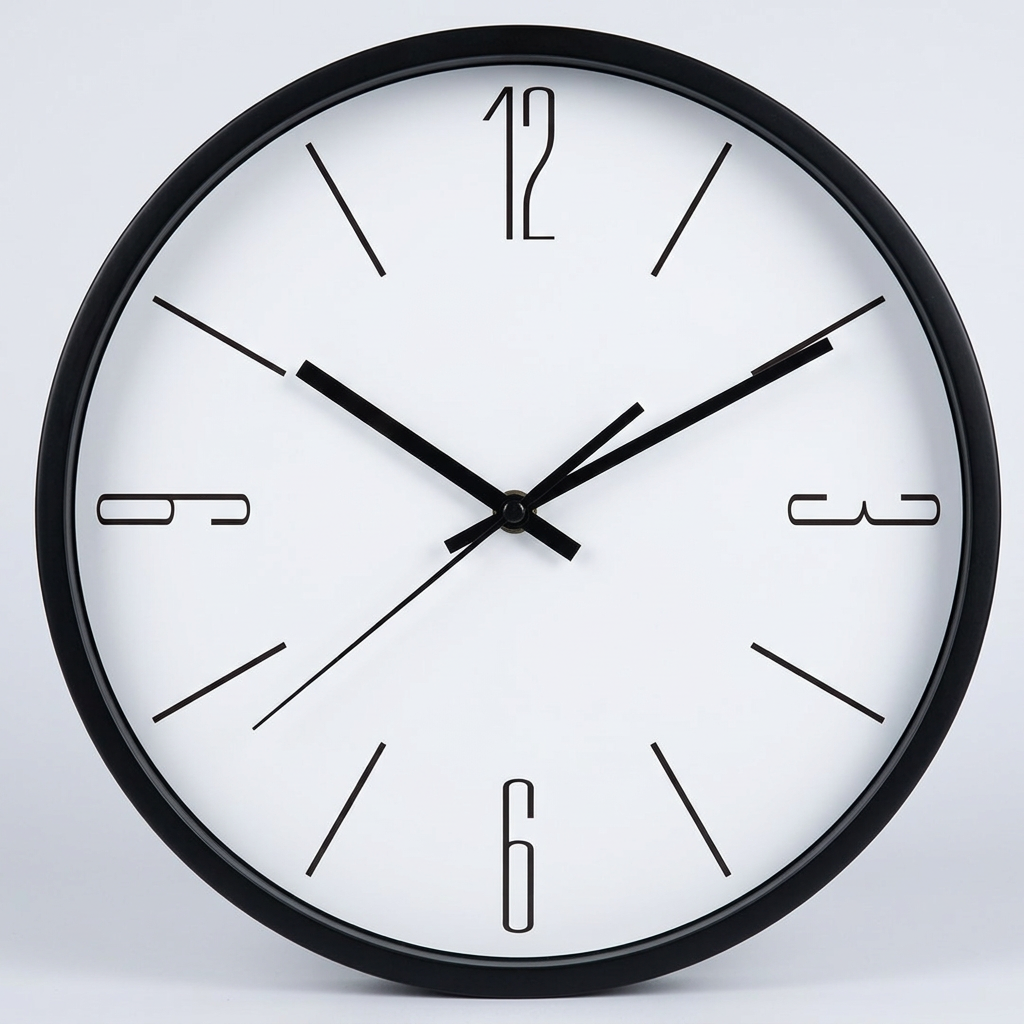 Horloge murale minimaliste noire et blanche, chiffres fins aux positions 12, 3, 6 et 9 et index à traits.