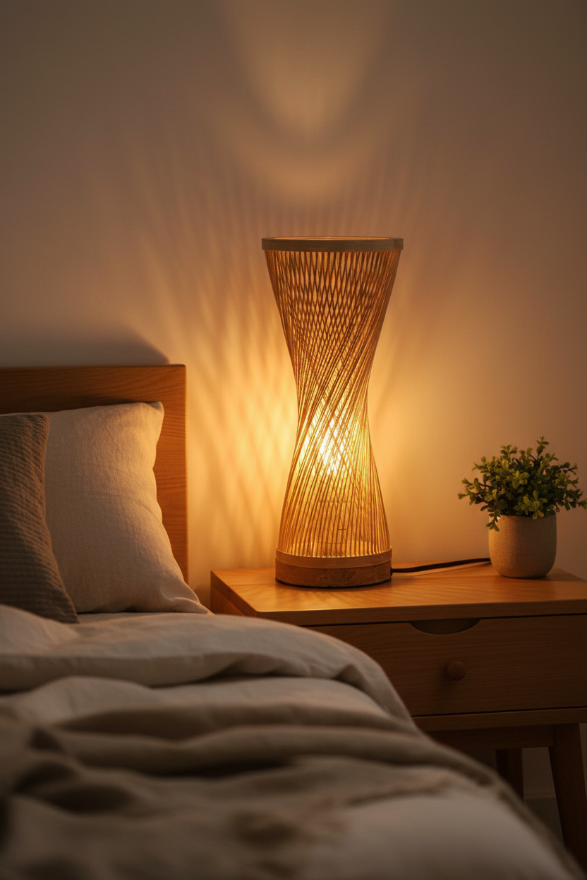 Lampe de chevet bambou bohème diffusant une lumière chaude sur table de nuit dans une chambre adulte moderne