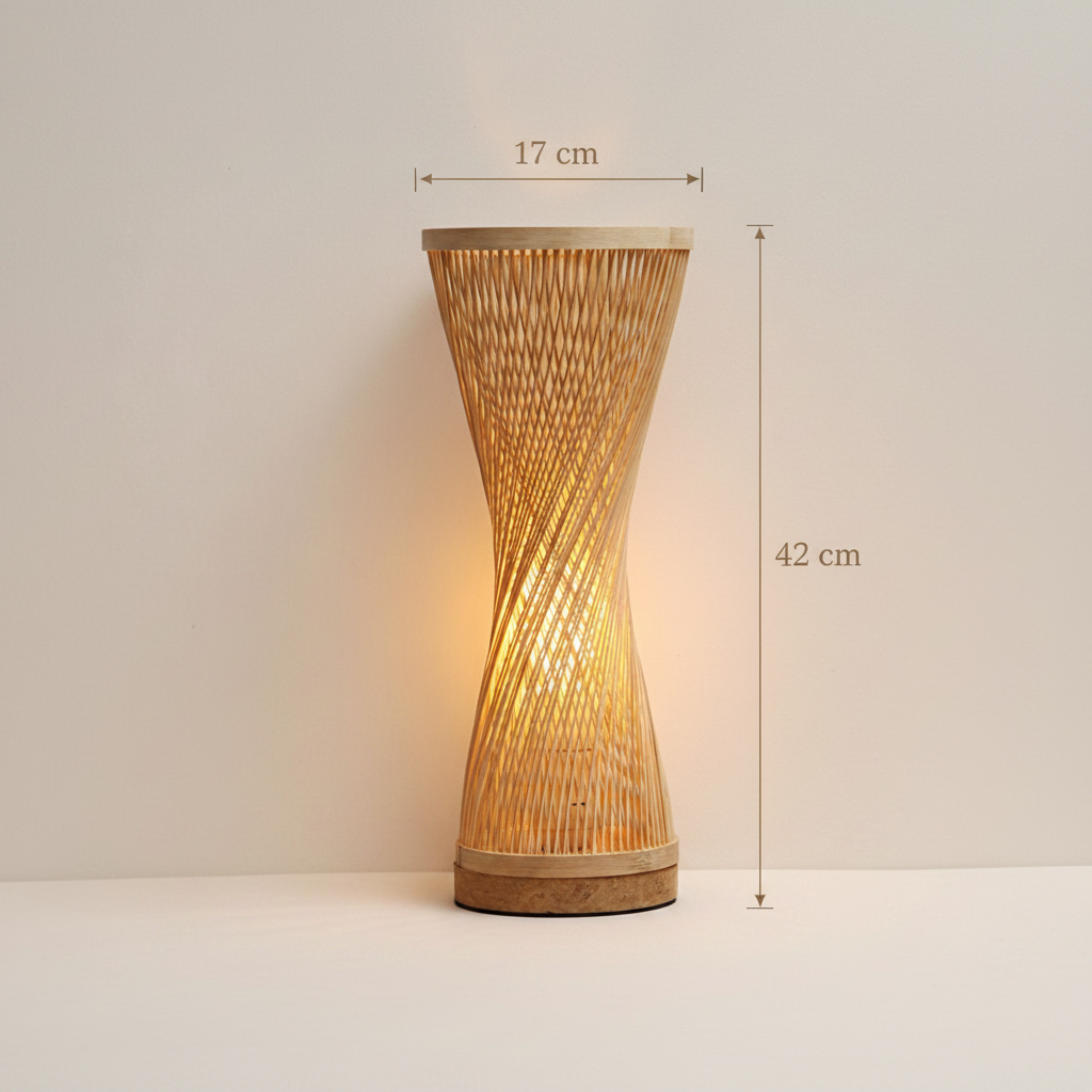 Lampe de chevet en bambou tressé avec dimensions 42 cm x 17 cm, lampe de table scandinave en bois naturel pour chambre moderne et décoration bohème chaleureuse