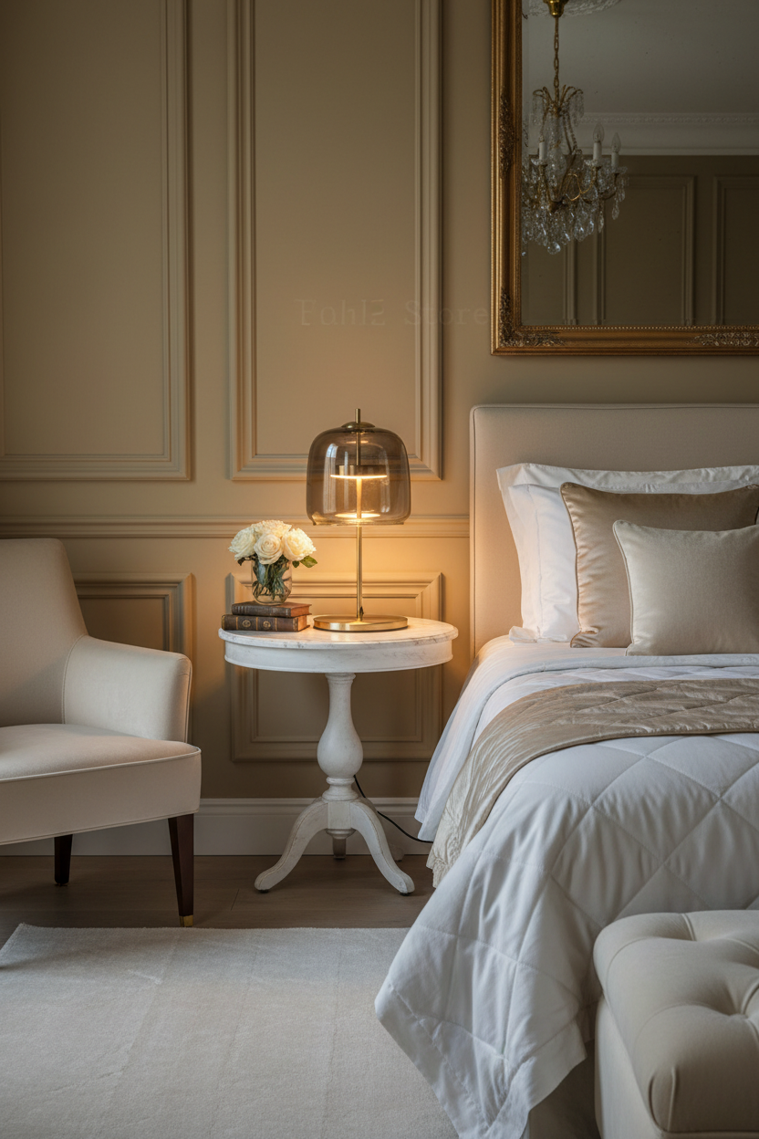 Lampe de chevet allumée ambiance tamisée chambre adulte moderne, éclairage LED doré design luxe LampesDeChevet