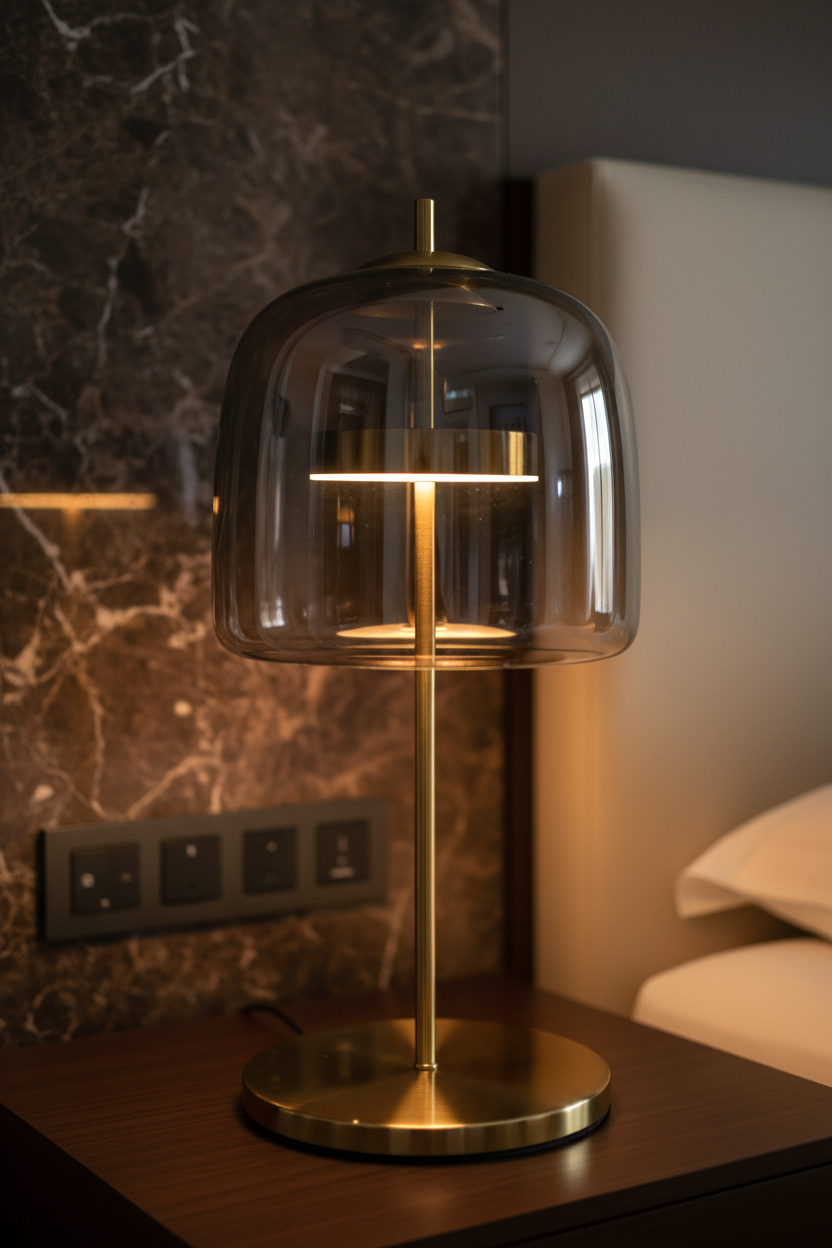 Lampe de chevet dorée verre sur table de nuit bois, décoration chambre adulte style scandinave luxe LampesDeChevet