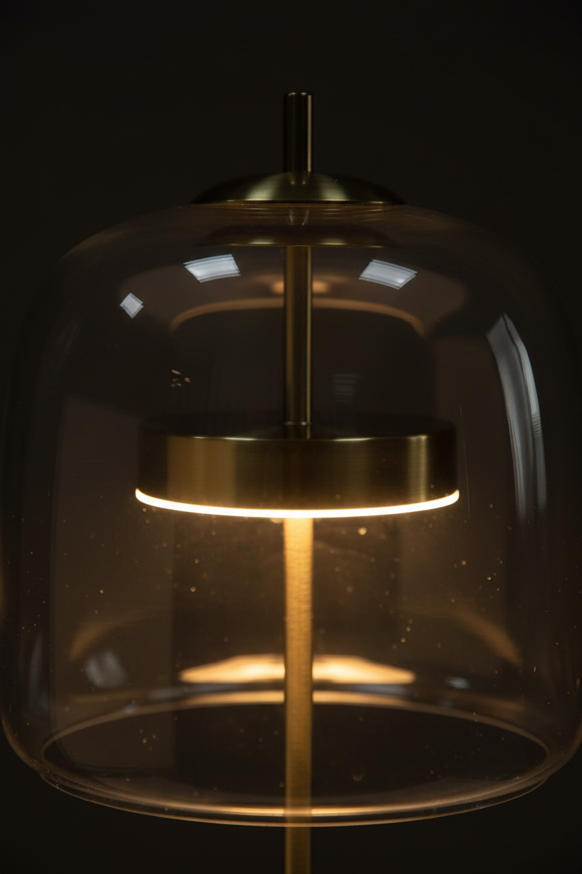 Détail ampoule LED lampe de chevet design dorée abat-jour verre, éclairage chaud et tamisé chambre luxe LampesDeChevet