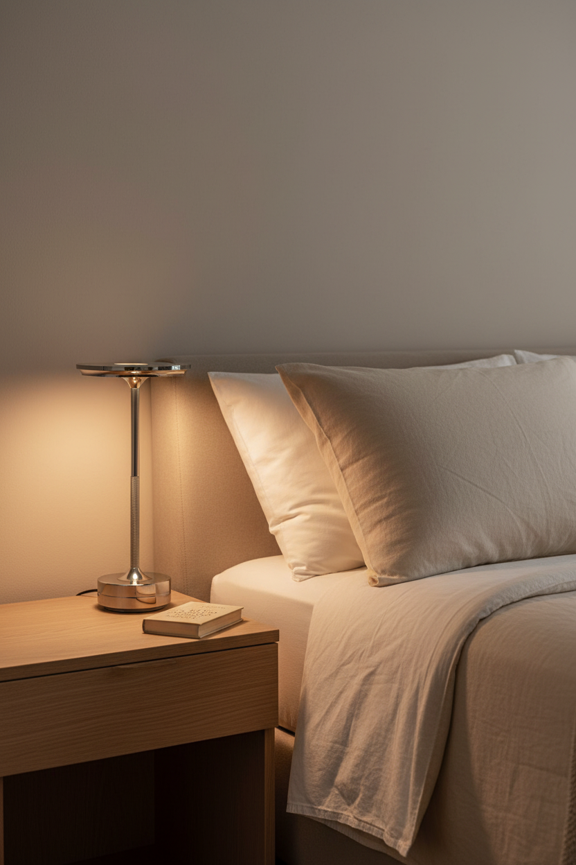 Lampe de chevet design italien rechargeable argentée allumée sur table de nuit, éclairage LED chaud dans une chambre adulte minimaliste et élégante
