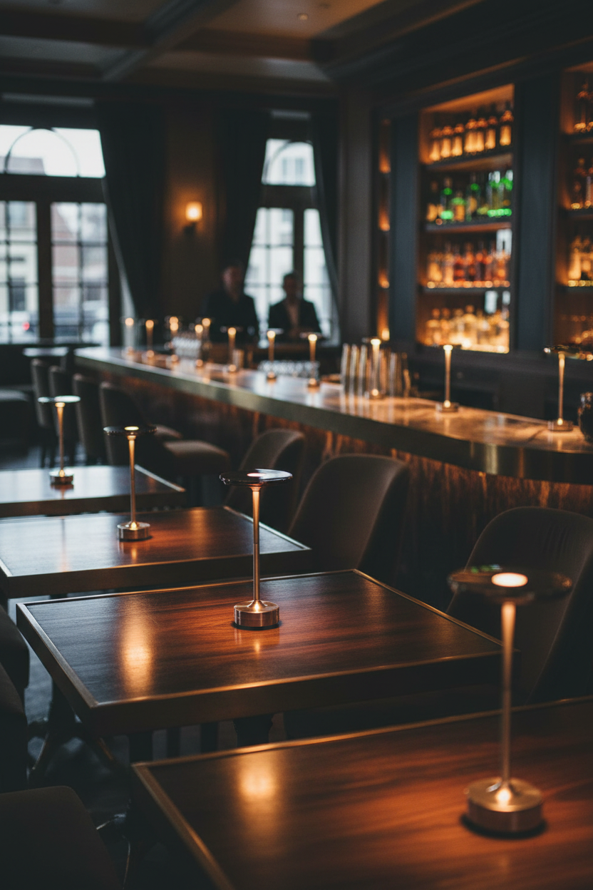 Lampe de table sans fil design italien argentée posée sur le comptoir d’un bar lounge haut de gamme, éclairage LED chaud pour ambiance cocktail et restauration