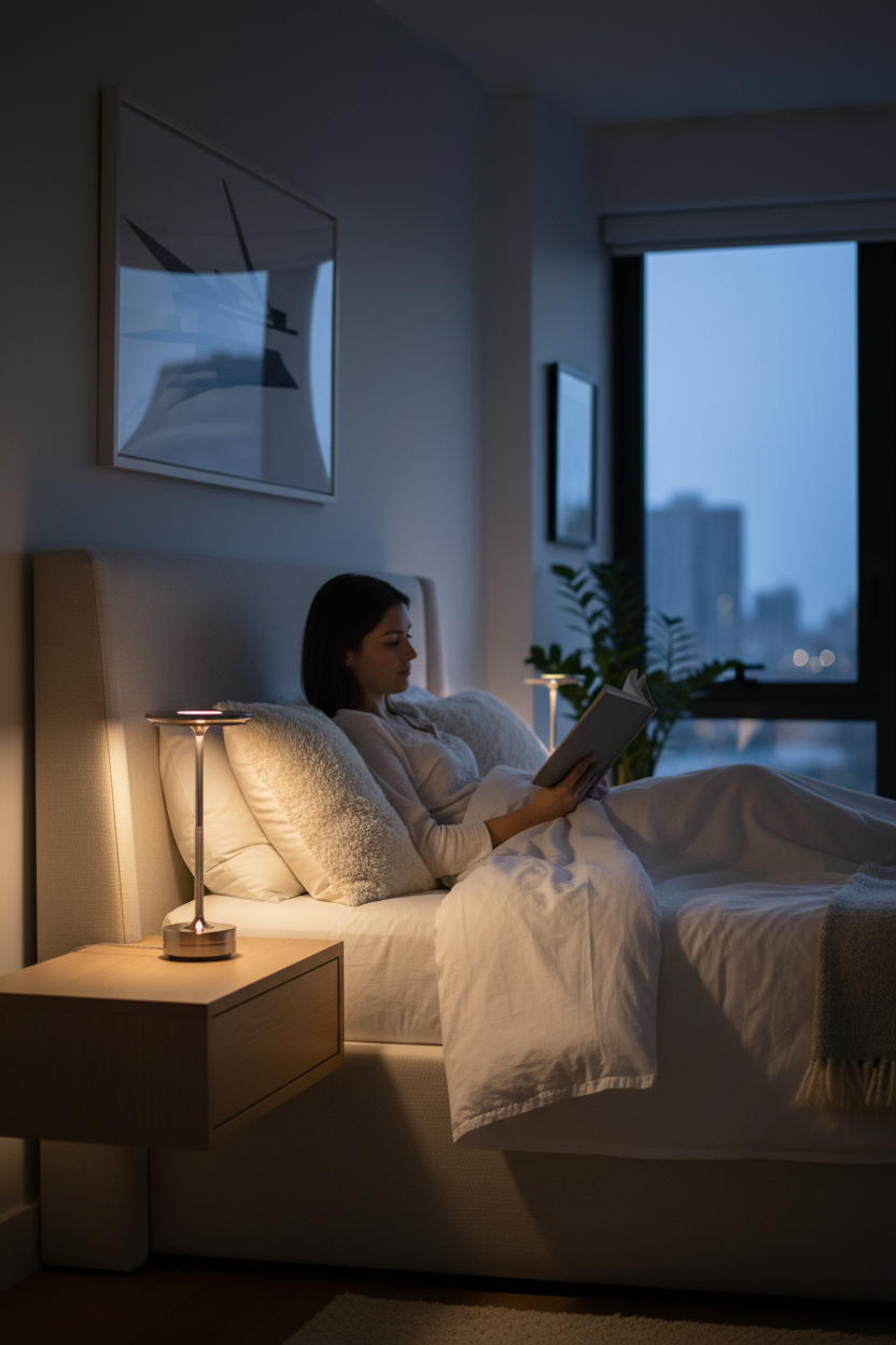 Femme lisant dans son lit éclairée par sa lampe de chevet design italien rechargeable argentée, ambiance lecture nocturne cosy dans une chambre adulte moderne