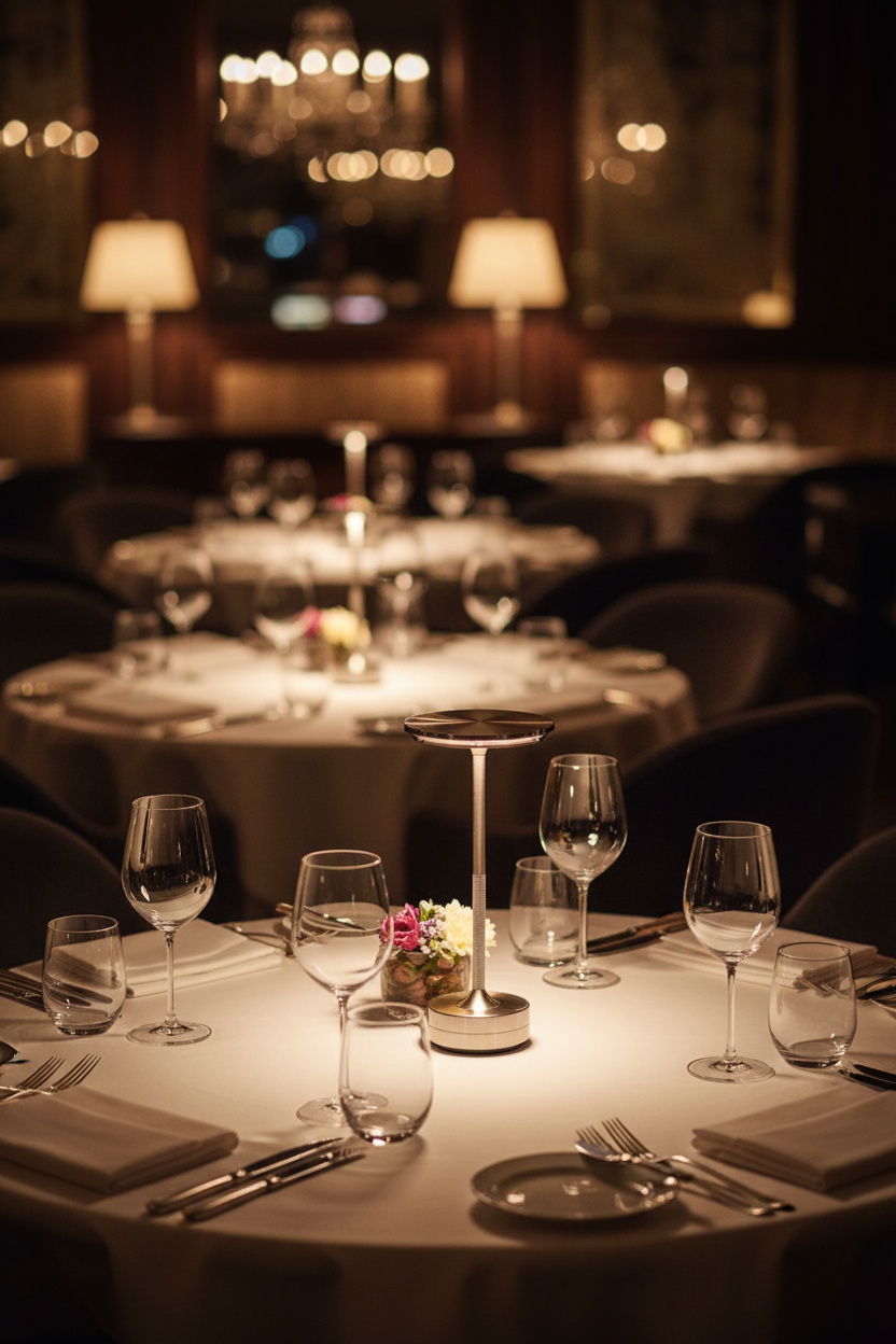 Lampe de table rechargeable design italien argentée sur table dressée dans un restaurant gastronomique, ambiance dîner romantique et élégante