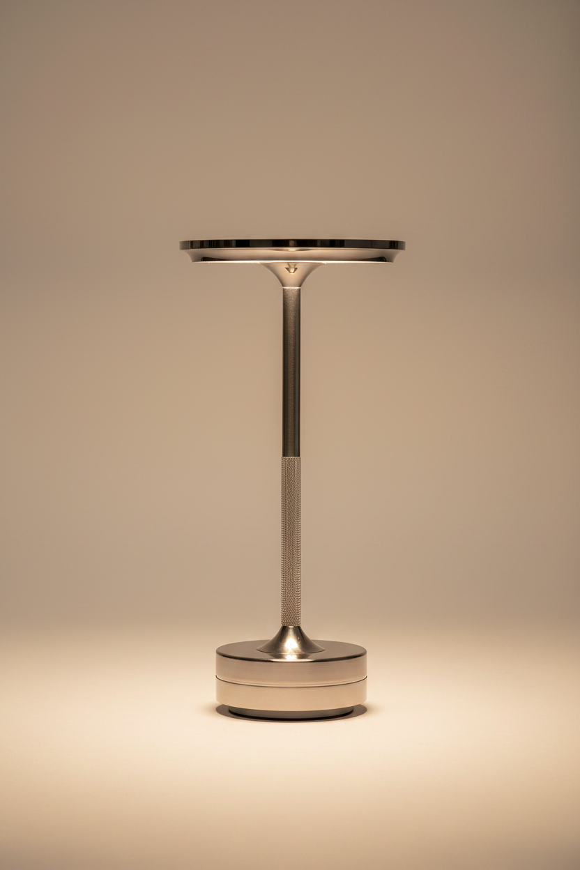 Lampe de chevet design italien rechargeable argentée allumée sur fond beige chaud, éclairage LED blanc chaud sans fil tactile en aluminium brossé, ambiance moderne et élégante