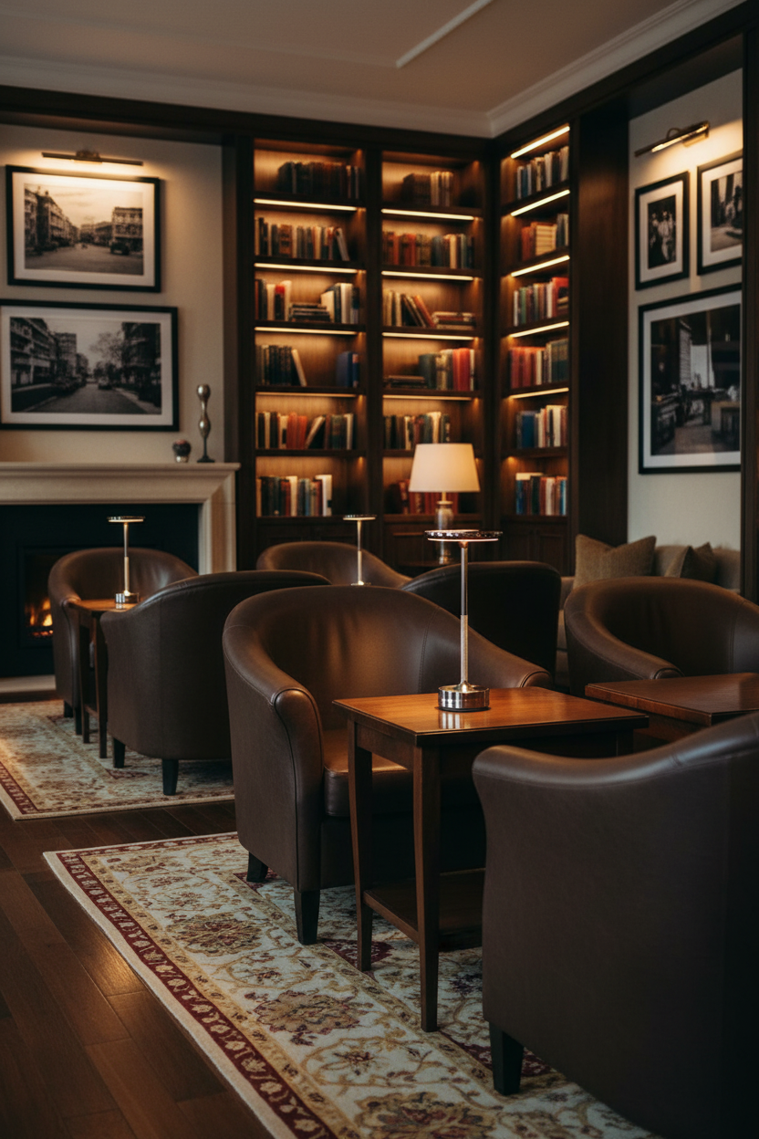 Lampe de chevet design italien rechargeable argentée dans un salon bibliothèque de prestige, lampe sans fil LED sur table basse avec fauteuils en cuir et cheminée
