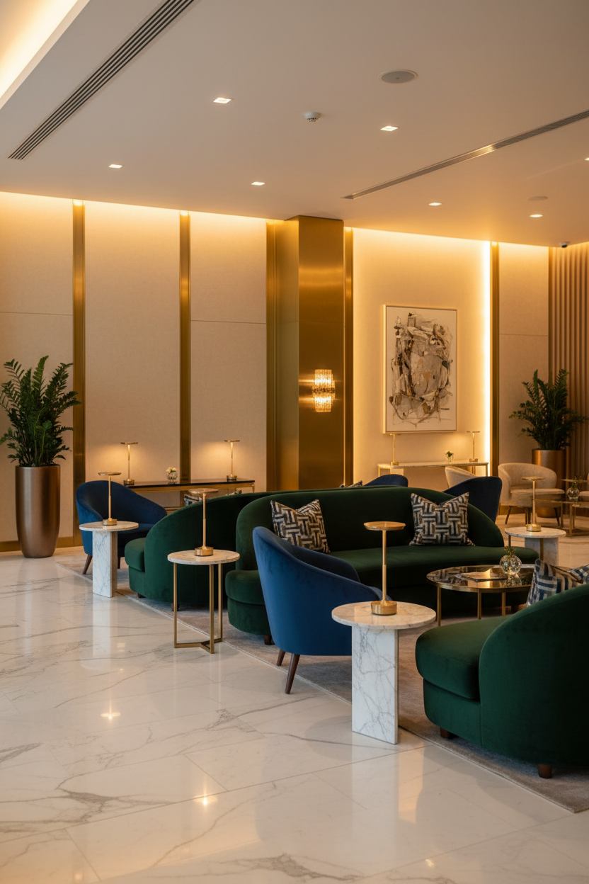 Lampes de chevet design italien dorées sans fil dans le lobby d’un hôtel luxueux, lampe de table rechargeable LED pour décoration prestige et hôtellerie haut de gamme