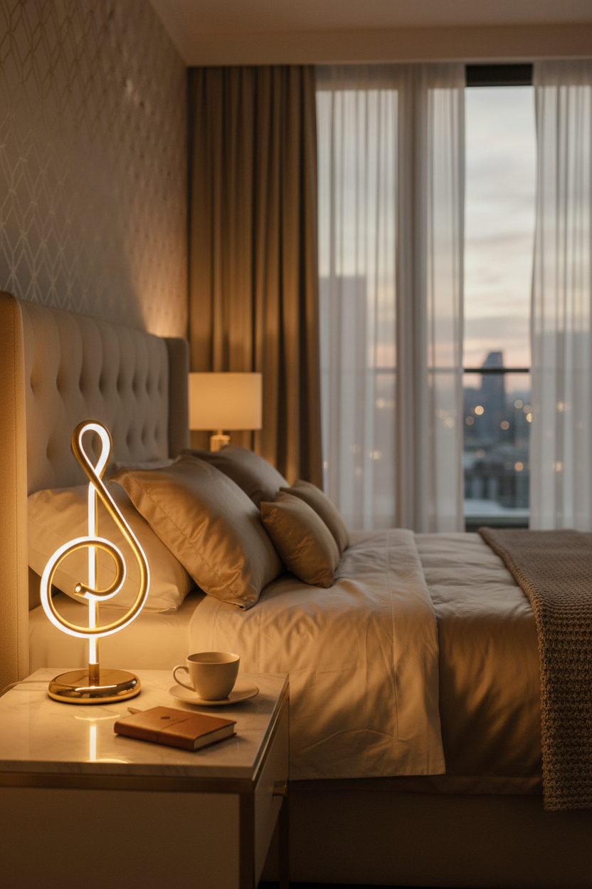 Lampe de chevet design en forme de note de musique dorée LED sur table d’appoint dans un intérieur moderne minimaliste avec lumière douce et ambiance élégante haut de gamme