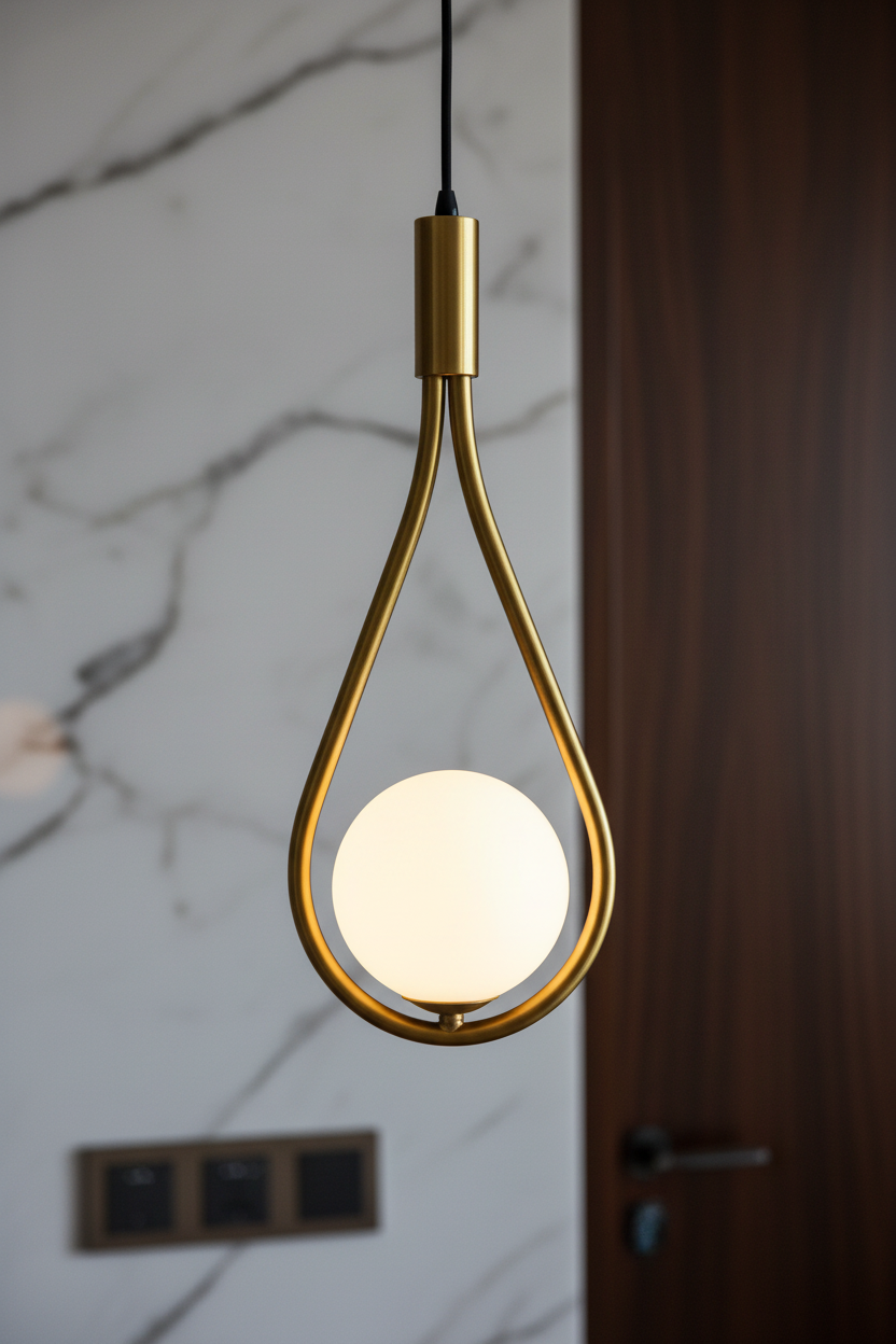 Lampe de chevet suspendue en laiton doré, style moderne et design pour chambre à coucher.