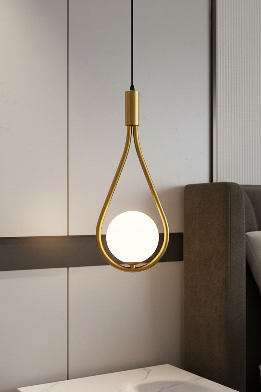 Lampe de chevet suspendue en laiton doré, style moderne goutte d'eau pour chambre à coucher. Design luxueux avec abat-jour en verre diffusant une lumière douce et apaisante, fixation plafond.