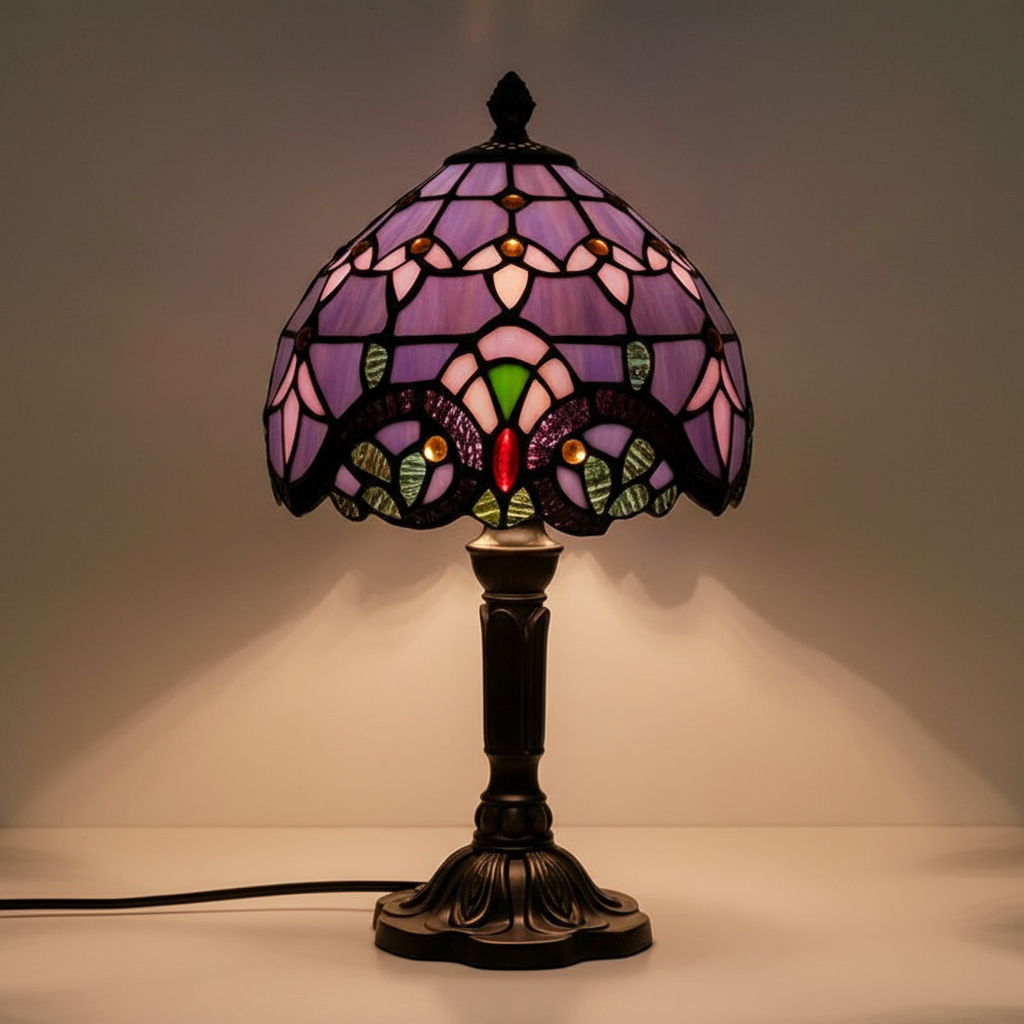 Lampe de chevet vintage Tiffany violette avec abat-jour en vitraux, LampesDeChevet