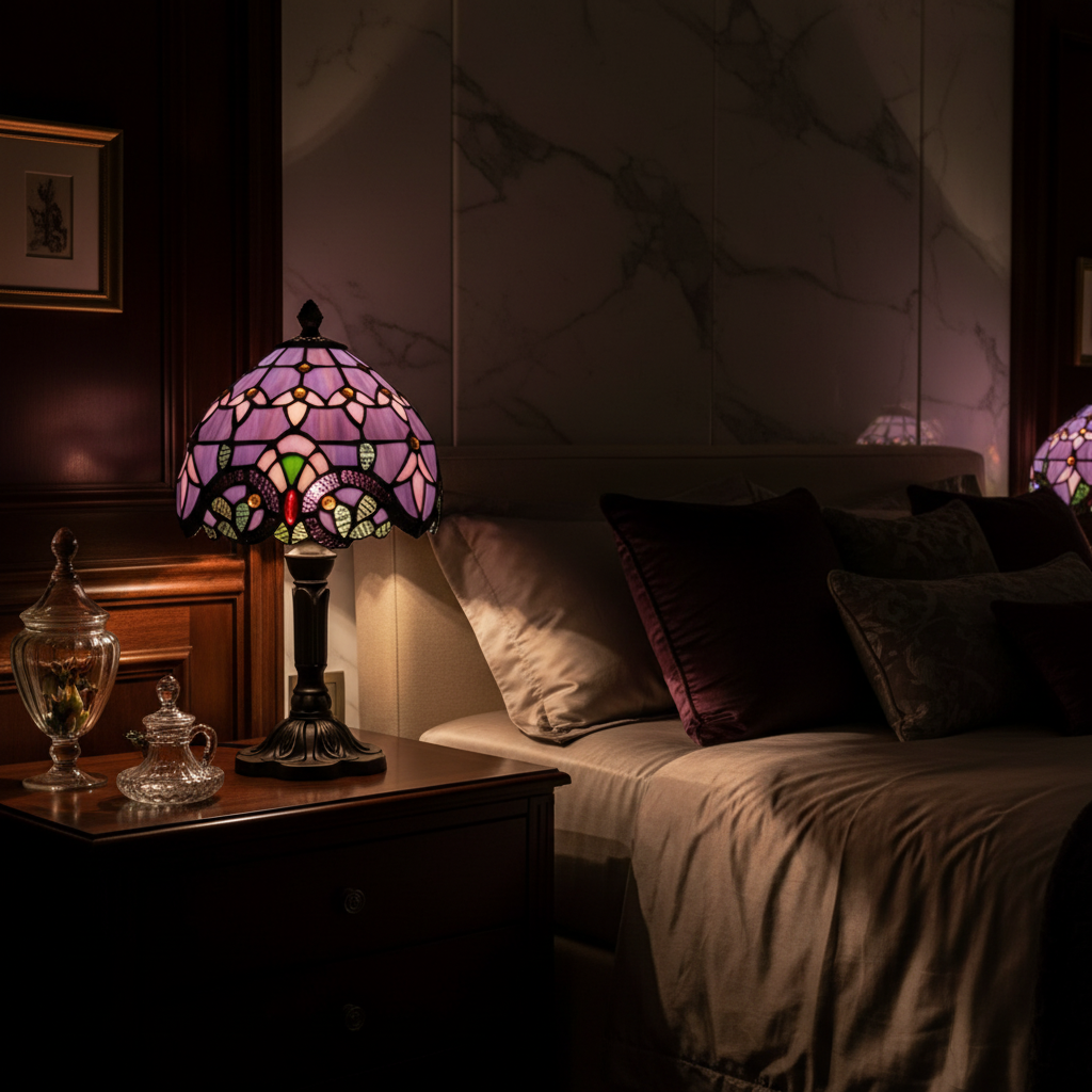 Lampe de chevet Vintage Tiffany violette avec abat-jour en vitraux colorés, posée sur une table de nuit dans une chambre.